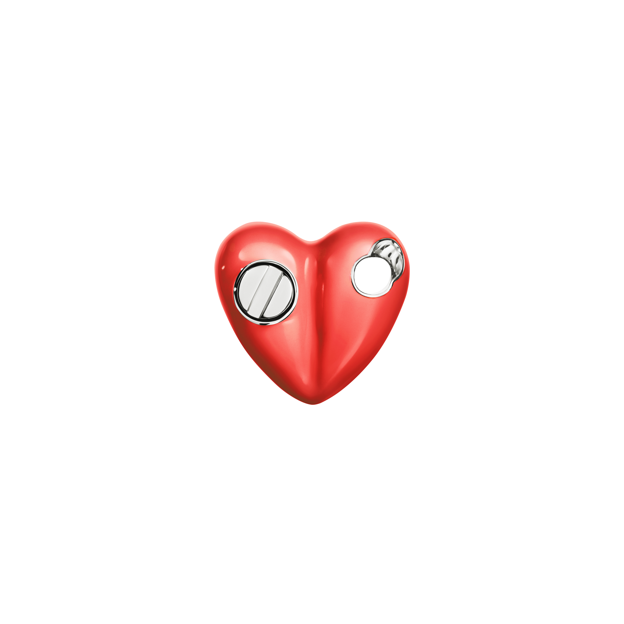 A detail of Bullet Hole Heart Pendant with Screws Mini in Cadmium Red/Infrared